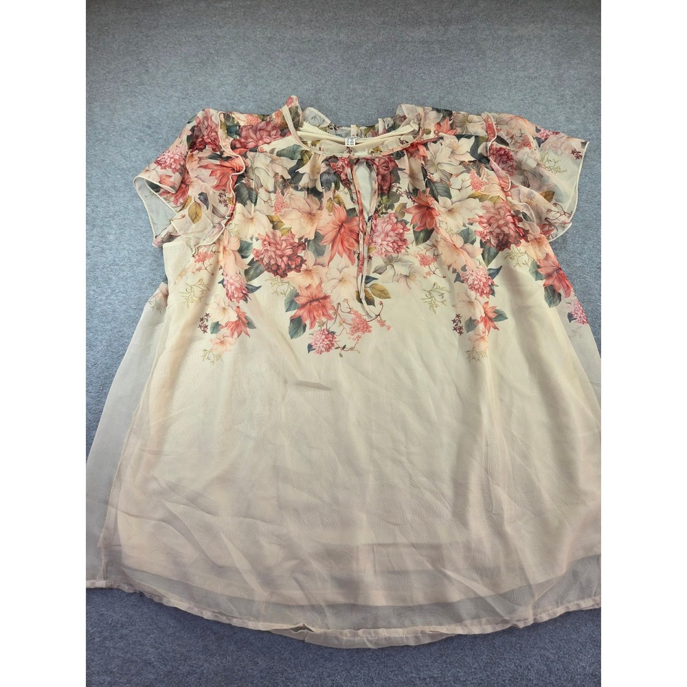 Haven + Blair London Floral Chiffon Blouse Keyhole Tie Neck Ruffle Short Sleeve